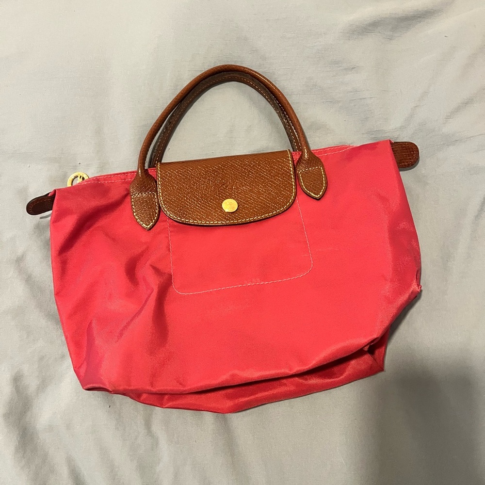Longchamp Small Le Pliage Red/Pink and Brown Tote Bag